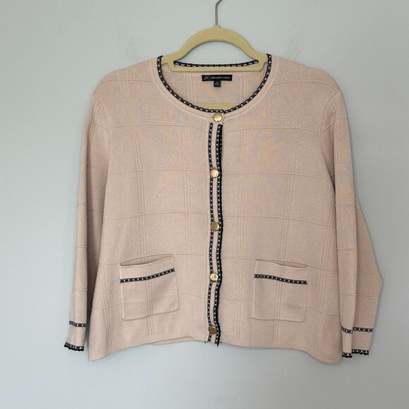 Adrianna Papell Check Tipped Cardigan Womens Medium Button Front Tan Old Money - Picture 1 of 9